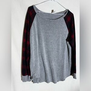 Gray and Red Plaid Sleeve Top